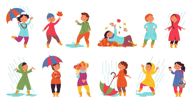 歩く秋の子供たち かわいい子供たちの面白い子供は黄色の葉で遊ぶ 女の子はレインコートを着る 秋の季節の服 傘を持つ少年 まともなベクトル文字