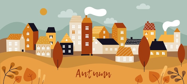Vector autumn city landscape. fall season panorama with simple cute houses and, trees and plants with yellow leaves. minimal town vector background. illustration plant, scene autumn season, outdoor fall tree