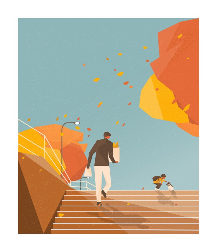 Vector autumn city street landscape scene of father and kid on the way back home with cat and wind blowing
