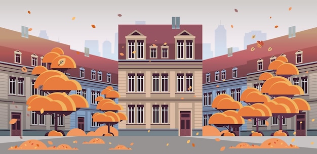 Осенняя городская улица с современными домами, экстерьер, фасад городских зданий, горизонтальная векторная иллюстрация