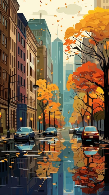 Autumn city with trees falling yellow leaves Vector illustration