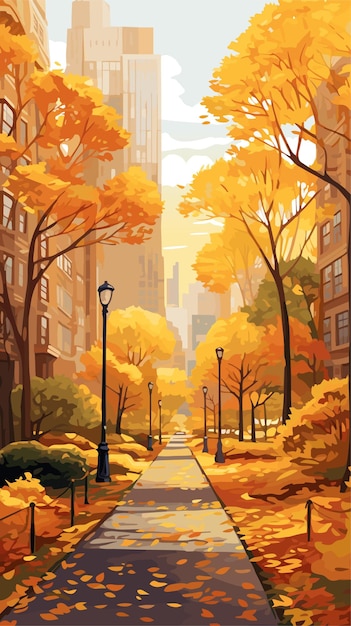 Autumn city with trees falling yellow leaves Vector illustration