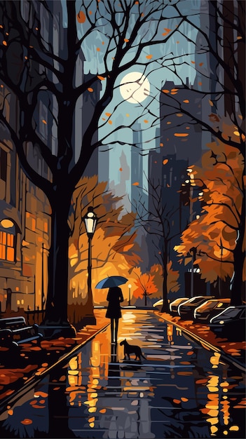 Осенний город с деревьями, падающими желтыми листьями Векторная иллюстрация