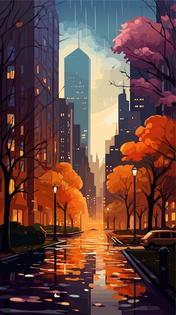 Осенний город с деревьями, падающими желтыми листьями Векторная иллюстрация