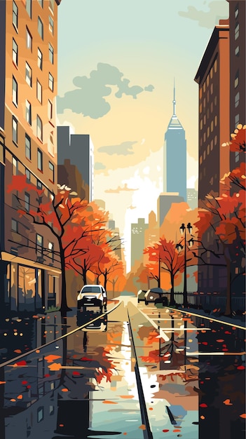 Autumn city with trees falling yellow leaves Vector illustration