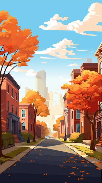 Vector autumn city with trees falling yellow leaves vector illustration