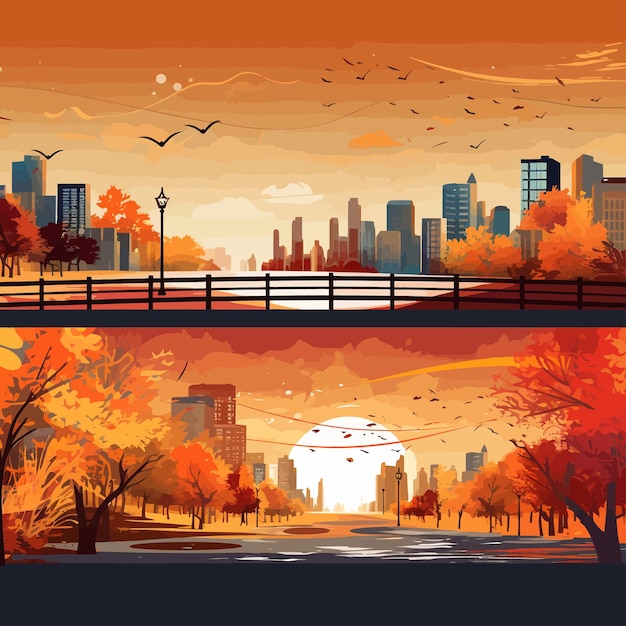 ベクトル autumn_cityscape_banner_material_set_vector (秋の都市風景・バナー・素材・セット・ベクトル)