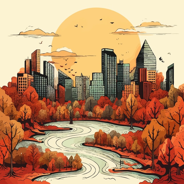 Vettore autumn_cityscape_line_vector_illustrato