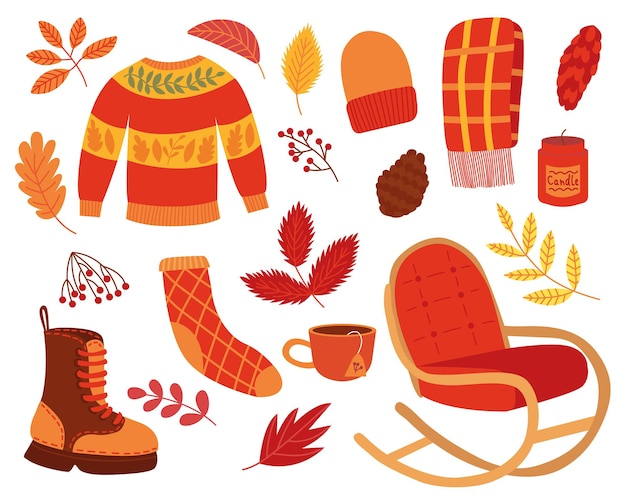 Autumn clip art vector set Rocking chair sweater boot hat scarf sock tea cup candle autumn leaves