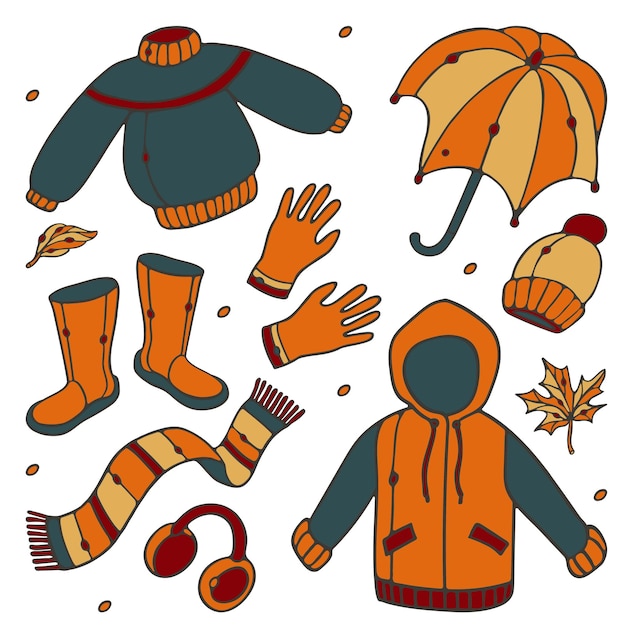 Vector autumn clothing collection doodle cartoon style isolated on white background premium vector