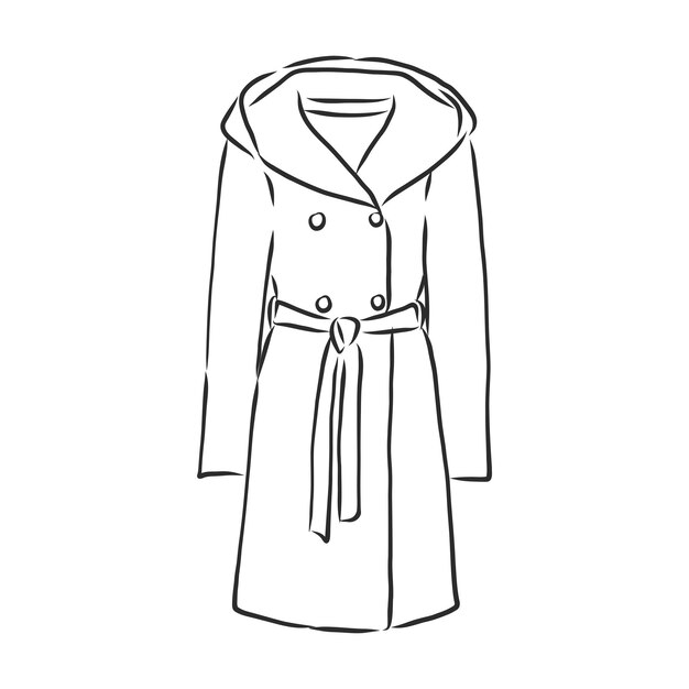 Illustrazione disegnata a mano di vettore del cappotto di autunno. elemento di disegno di schizzo di impermeabile isolato su priorità bassa bianca. abbigliamento di moda per la stagione autunnale. capispalla, parka cappotto penna inchiostro disegno a mano libera