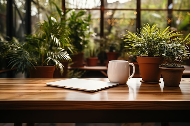 Autumn coffee scene with plants and coffee mugs by the window and colourful leafs