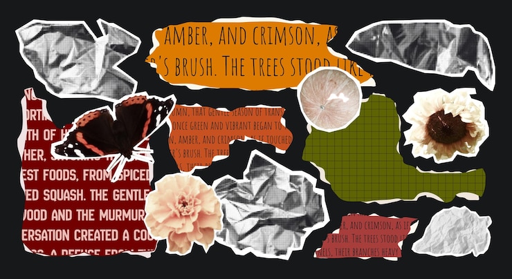 Vector autumn collage with torn paper halftone crumpled paper pumpkin butterfly and flowers
