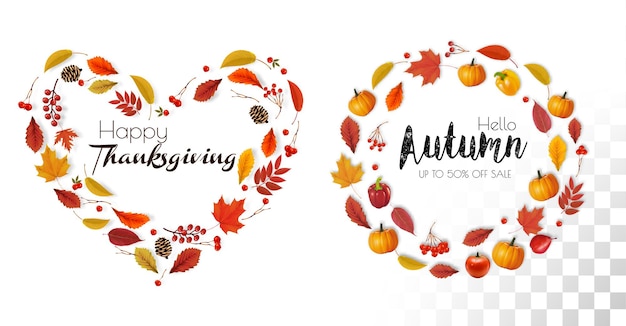 Autumn colorful forest leaves berries cones acorns the shape of a heart and a ring Happy Thanksgiving and Sale Frames Vector