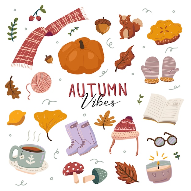 Autumn colorful hand drawn doodle elements