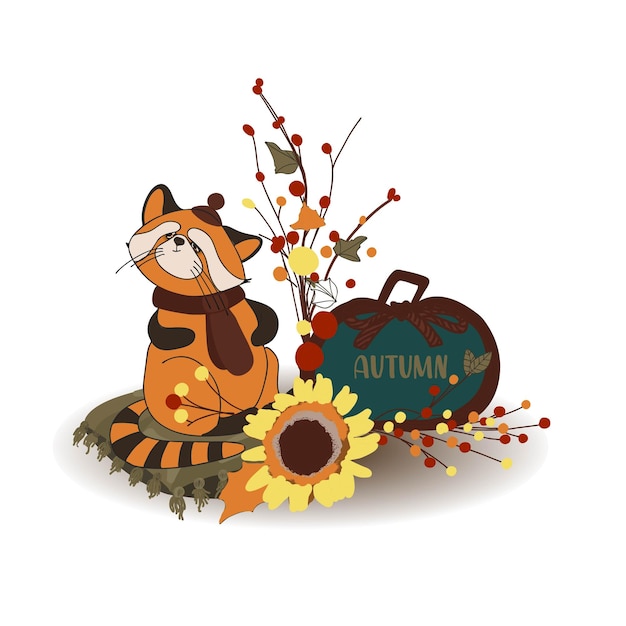 Autumn composition Autumn decor Cute red panda Pumpkin Harvest Thanksgiving Day