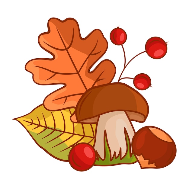 Composizione autunnale di foglie, funghi, castagne e bacche di sorbo illustrazione cartoon vettoriale