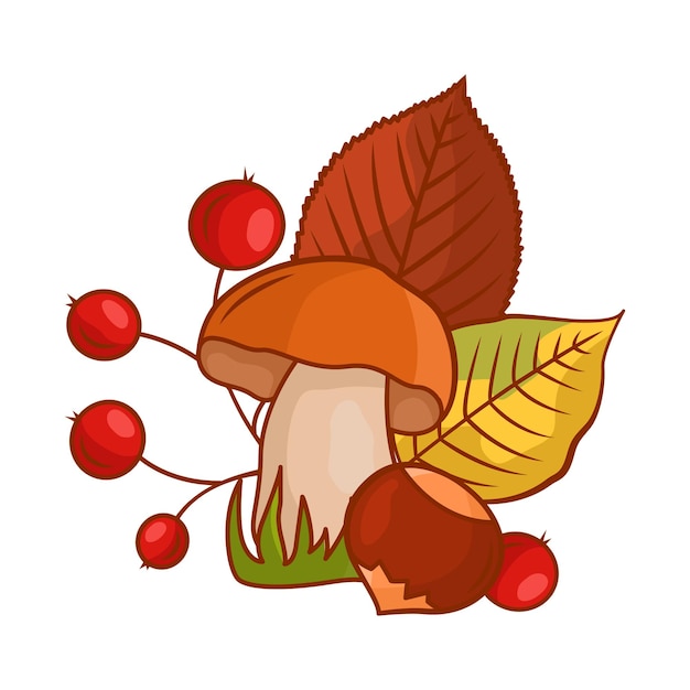 Вектор Осенняя композиция из листьев, грибов, каштанов и ягод рябины. векторная карикатура
