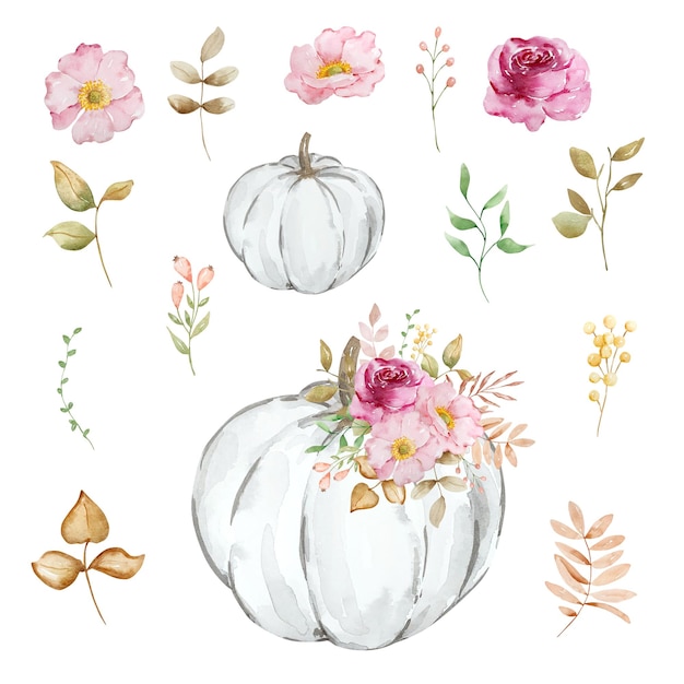 Autumn composition of watercolor pumpkins and flowers pastel colors