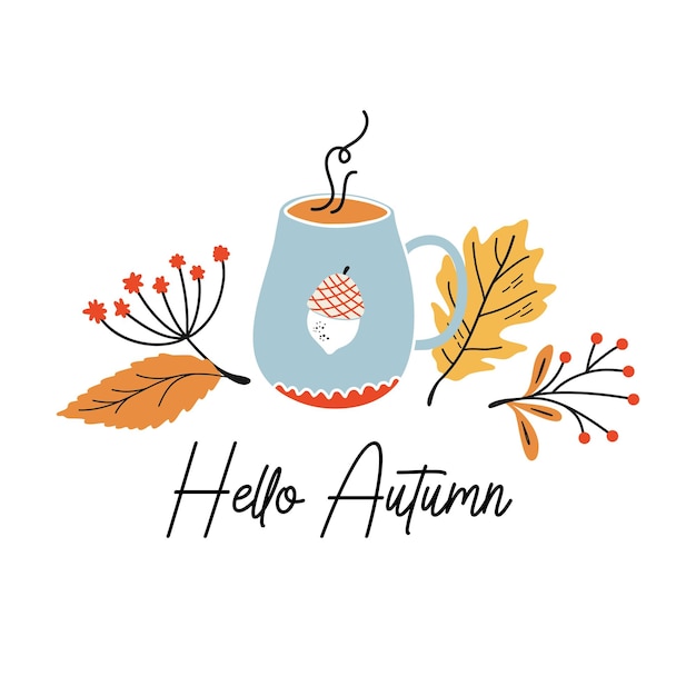 Autumn composition with hand drawn botanical elements and cup of hot drink vector fall illustration