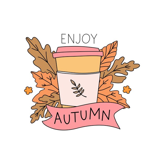 Vector autumn composition with hand lettering enjoy autumn a thermos cup on a cool autumn day leaves of maple oak and ash ideal for autumn card banner poster
