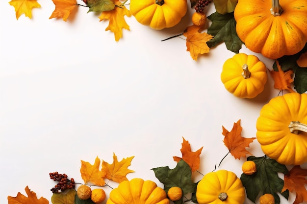 Autumn composition with pumpkins and leaves on white background top view