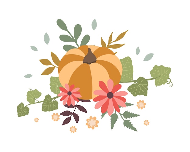 Vector autumn concept for harvest festival or thanksgiving day. pumkins with sunflowers and leaves. backgro