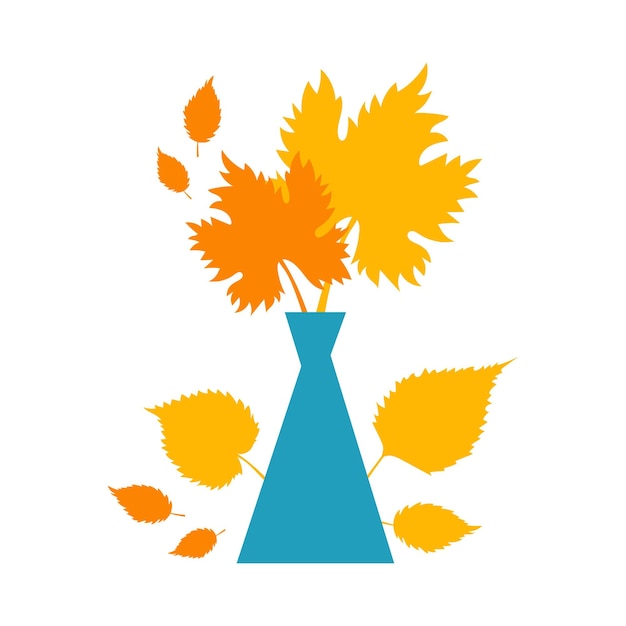 Autumn concept for postcard card for thematic banner poster Autumn orange and yellow leaves in blue vase