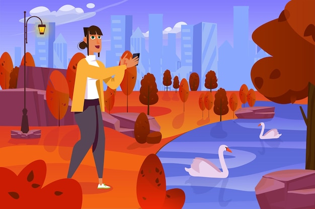 Autumn concept with people scene in the background cartoon design girl photographs swans