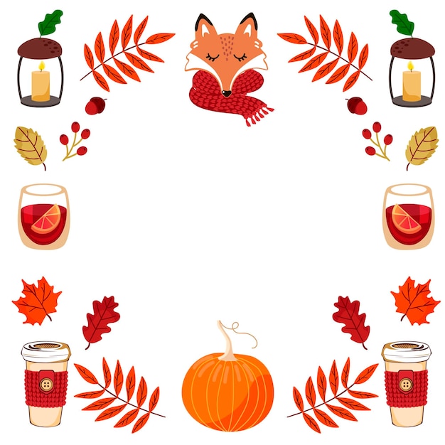 Vector autumn cozy frame autumn leaves fox mulled wine pumpkin cup of tea