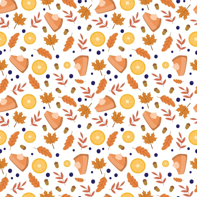 Vector autumn cozy seamless pattern with pumpkin pie,lemons,berries and leaves. cute background for textiles, wrapping paper.vector hand drawn cartoon illustration.