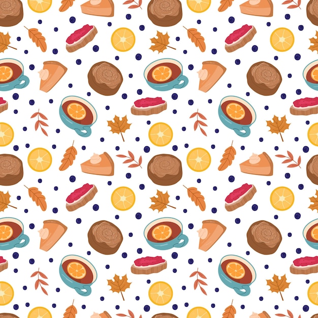 Autumn cozy seamless pattern with pumpkin pie,lemons,tea,berries and leaves. Cute background for textiles, wrapping paper.Vector hand drawn cartoon illustration.