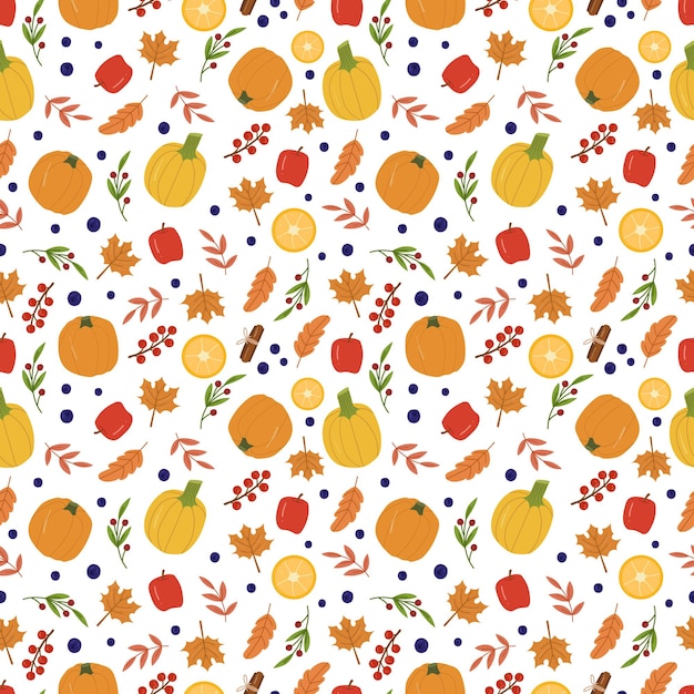 Modello senza cuciture accogliente autunnale con zucche, mele, limoni, bacche e foglie. sfondo carino per tessuti, carta da imballaggio. illustrazione di cartone animato disegnato a mano di vettore.