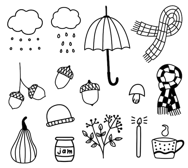 Autumn cozy set of doodle elements. Hand drawn isolated scarves, umbrella, acorns, clouds, candel