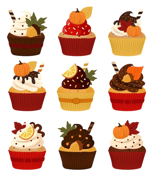 Vector autumn cupcakes, with pumpkin and nuts, dessert food