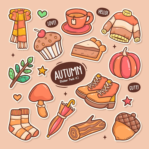 Vector autumn cute doodle vector sticker collection