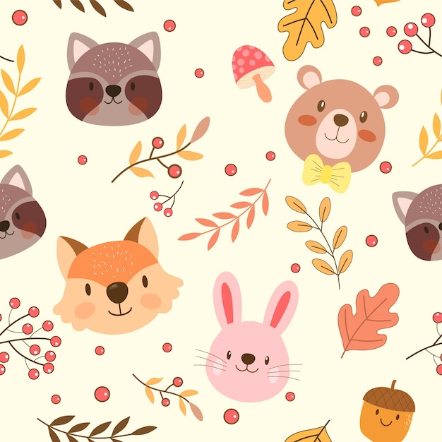 Autumn cute forest cartoon animal seamless background. vector illustration