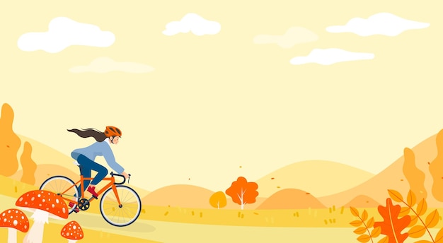 Illustrazione vettoriale di autunno in bicicletta sfondo. donna in bicicletta nella stagione autunnale con copia spazio