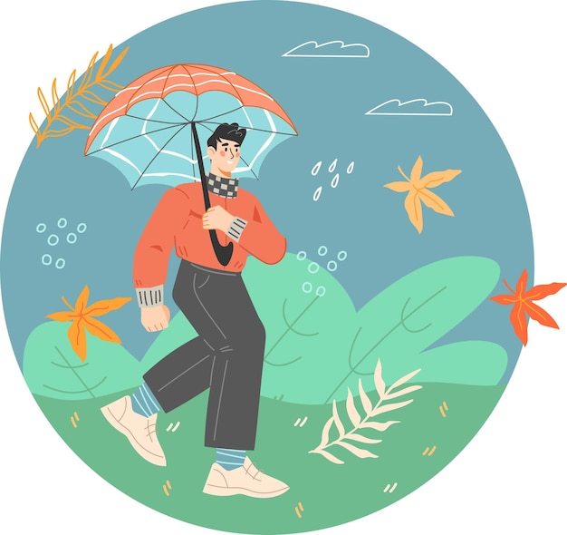 Осенний декоративный баннер или дизайн этикетки с человеком в плоском векторе дождя