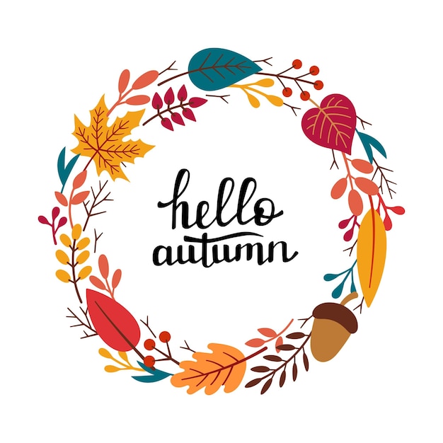 Осенний декоративный шаблон круглой рамки с осенними элементами, листьями, ветками, ягодами желудей и надписью HELLO AUTUMN Векторная ручная иллюстрация в стиле каракулей