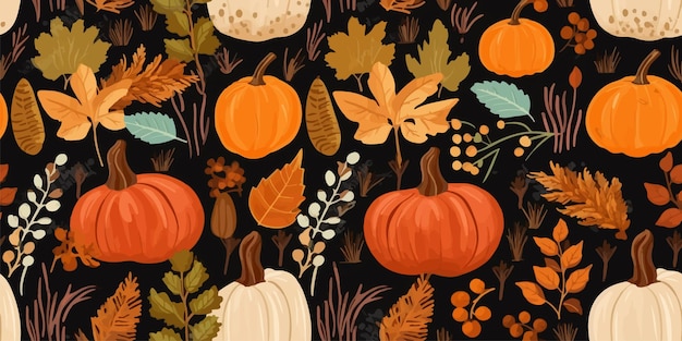 Vector autumn decorative seamless pattern with pumpkins and seasonal elements acorns plants leaves