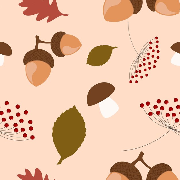 Autumn decorative seamless pattern with seasonal elements, acorns, plants, leaves, mushrooms