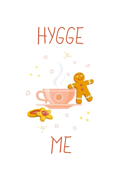 Autumn design card with a wish Hygge cosiness a cup of hot tea and cookies