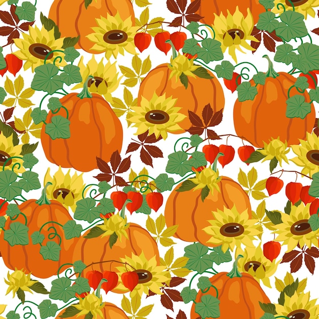 Autumn design seamless pattern. Pumpkins, autumn leaves, physalis and yellow sunflowers on white