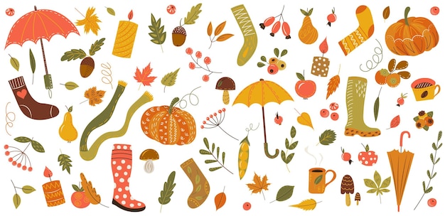 Vector autumn doodle collection in flat style vector