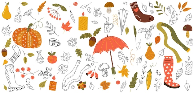 Autumn doodle set fall icons vector