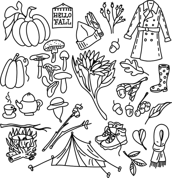 Autumn doodles Hand drawn set of sketches pumpkins bootscup of tea autumn leaves