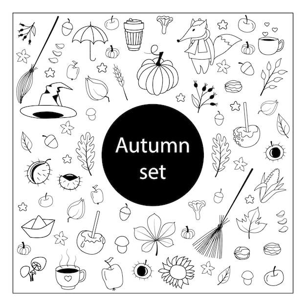 Autumn drawings. hand drawn sketch set. isolated objects black lines on white background