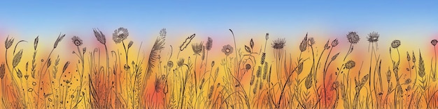 Vector autumn dry grass pencil drawing panoramic