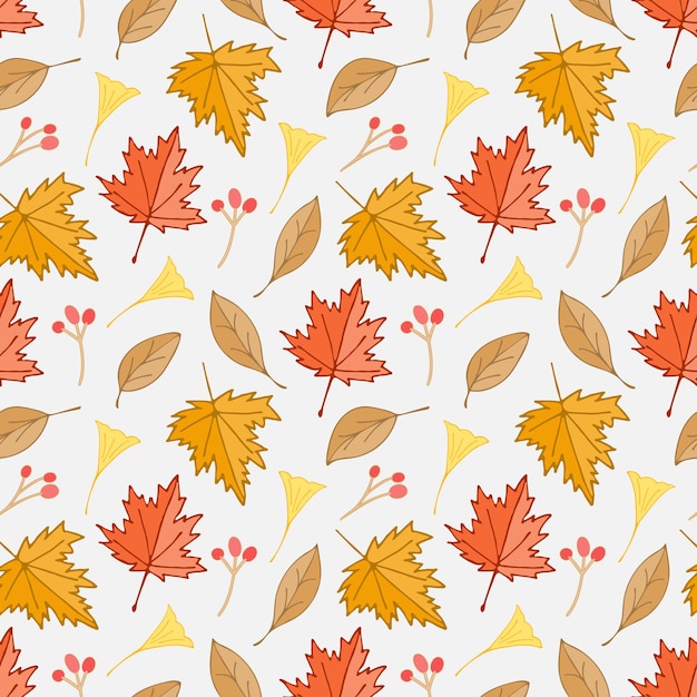 Autumn dry maple leaves and ginkgo leaf and berries seamless pattern background